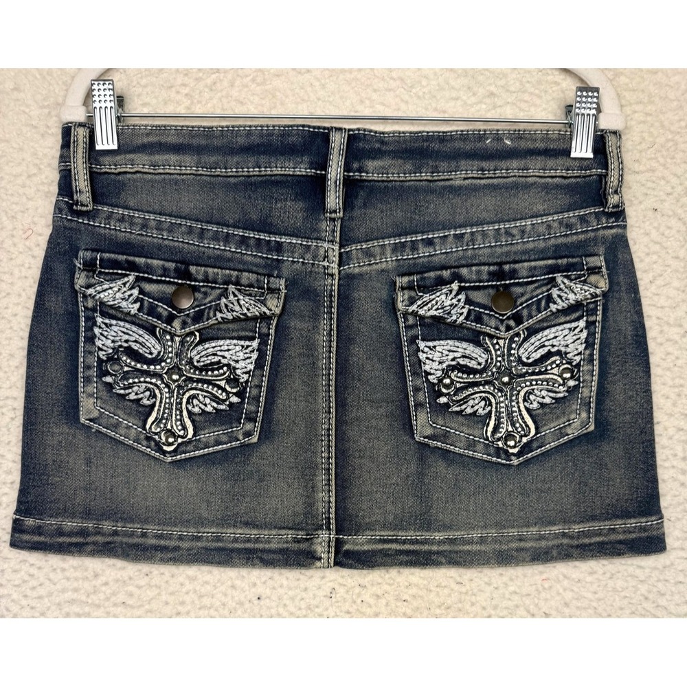 Y2K Micro Mini Denim Skirt‎ Medium Blue Embroidered Studded Cross Festival Rodeo